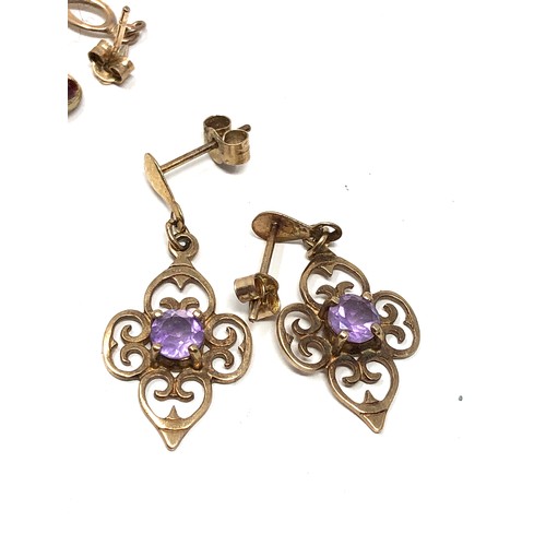 133 - 3 x 9ct gold gemstone drop earrings inc. amethyst & garnet (3.1g)