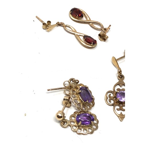 133 - 3 x 9ct gold gemstone drop earrings inc. amethyst & garnet (3.1g)