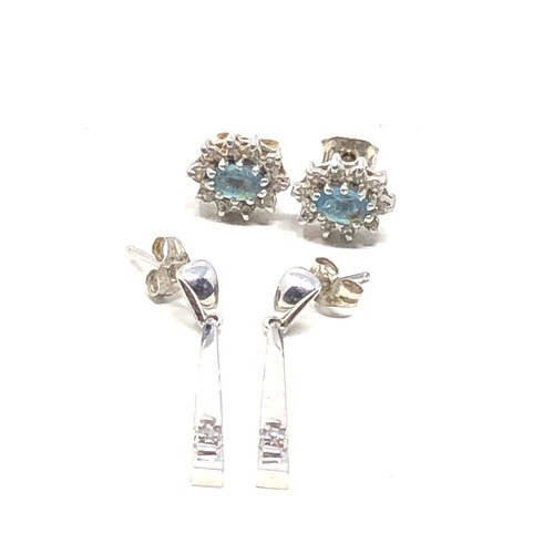 183 - 2 x 9ct white gold diamond stud & drop earrings inc. topaz (2.9g)