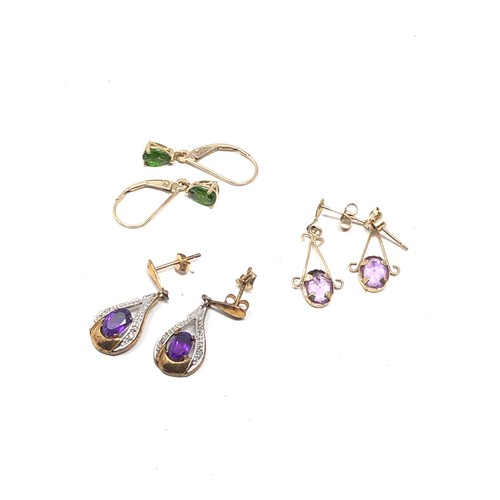 165 - 3 x 9ct gold drop earrings inc. amethyst, diopside & diamond (3.8g)