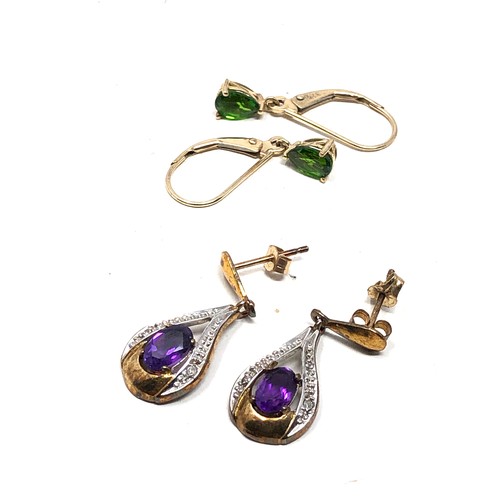 165 - 3 x 9ct gold drop earrings inc. amethyst, diopside & diamond (3.8g)