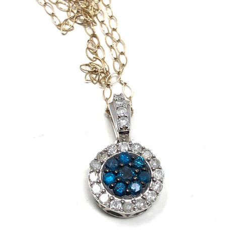 197 - 9ct yellow and white gold & enhanced blue diamond halo pendant necklace (1.7g)