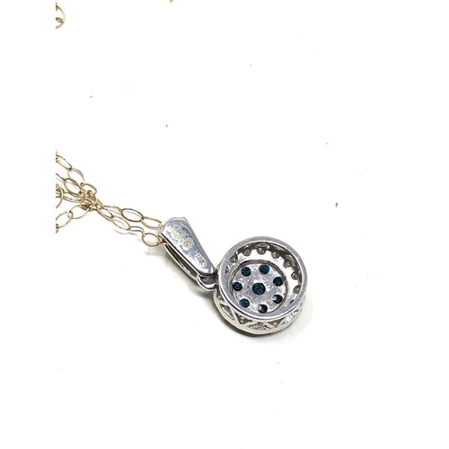 197 - 9ct yellow and white gold & enhanced blue diamond halo pendant necklace (1.7g)