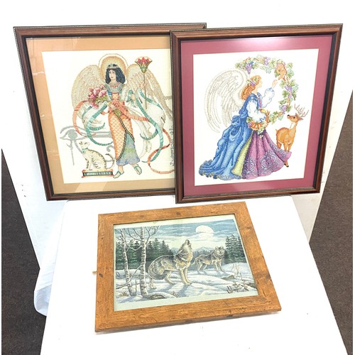 86 - Three framed embroidered pictures largest measures height 18 inches by 19 inches