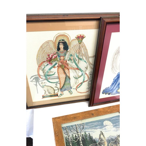 86 - Three framed embroidered pictures largest measures height 18 inches by 19 inches