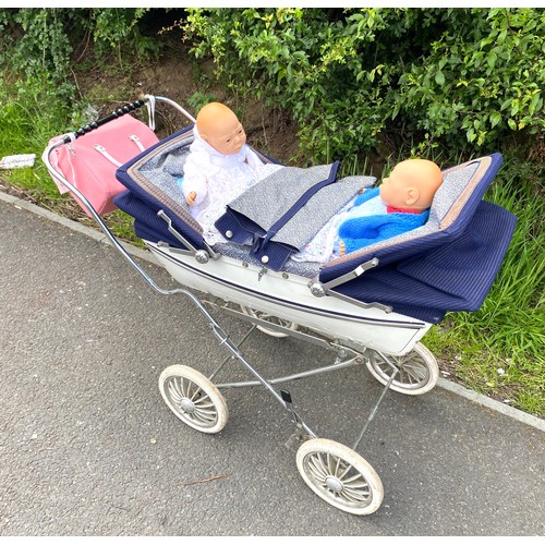 386 - Vintage small silver cross twin pram with dolls