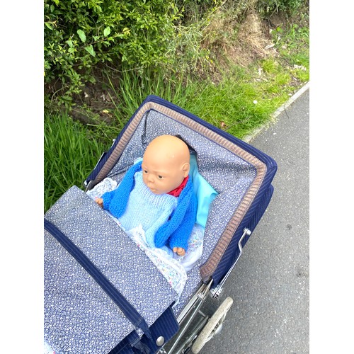 386 - Vintage small silver cross twin pram with dolls