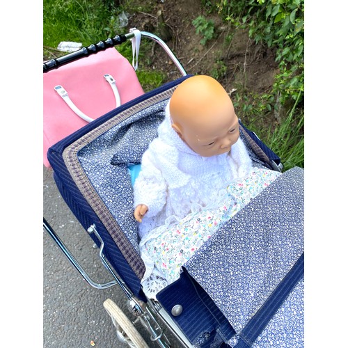 386 - Vintage small silver cross twin pram with dolls