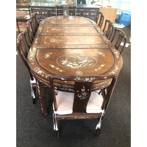 427 - Fine quality large Chinese oriental mother of  pearl dining table and 8 chairs, some pieces of mop a... 