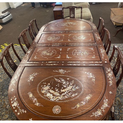 427 - Fine quality large Chinese oriental mother of  pearl dining table and 8 chairs, some pieces of mop a... 