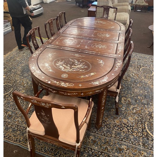 427 - Fine quality large Chinese oriental mother of  pearl dining table and 8 chairs, some pieces of mop a... 