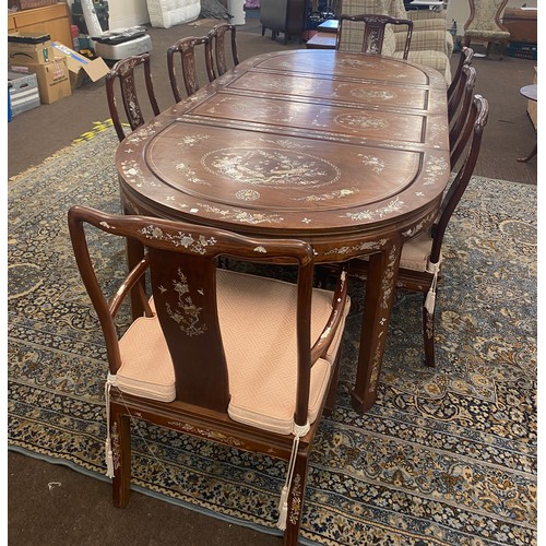 427 - Fine quality large Chinese oriental mother of  pearl dining table and 8 chairs, some pieces of mop a... 