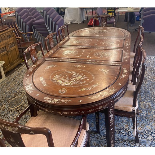 427 - Fine quality large Chinese oriental mother of  pearl dining table and 8 chairs, some pieces of mop a... 