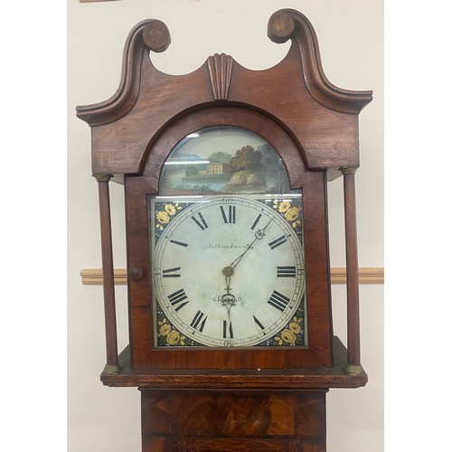 450 - Anthony Lount oak/ mahogany painted face long case grandfather clock 84.5 inches tall 21 inches wide