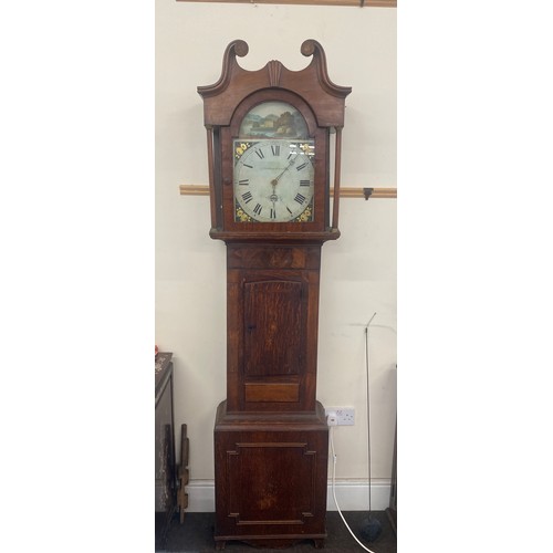 450 - Anthony Lount oak/ mahogany painted face long case grandfather clock 84.5 inches tall 21 inches wide