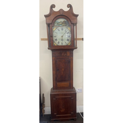 450 - Anthony Lount oak/ mahogany painted face long case grandfather clock 84.5 inches tall 21 inches wide