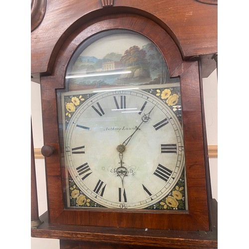 450 - Anthony Lount oak/ mahogany painted face long case grandfather clock 84.5 inches tall 21 inches wide