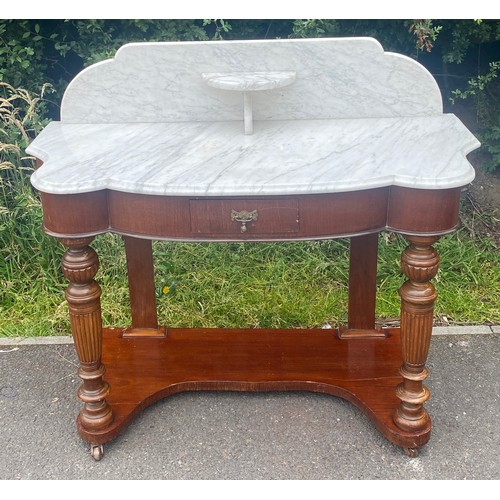 440 - 1 Drawer mahogany marble backed Dutches wash stand measures approx 35 inches tall 41.5 wide 19 inche... 