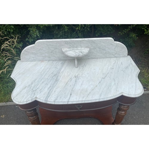 440 - 1 Drawer mahogany marble backed Dutches wash stand measures approx 35 inches tall 41.5 wide 19 inche... 