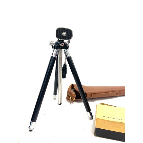 369A - Vintage wooden adjustable height tripod, together with vintage camera equipment