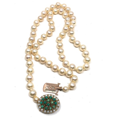 67 - 9ct gold clasp antique turquoise & pearl single strand necklace (55.7g)