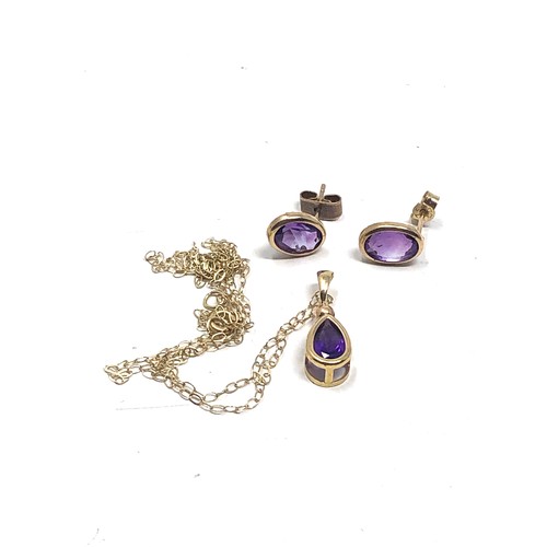 101 - 9ct gold amethyst stud earring & necklace set (1.8g)