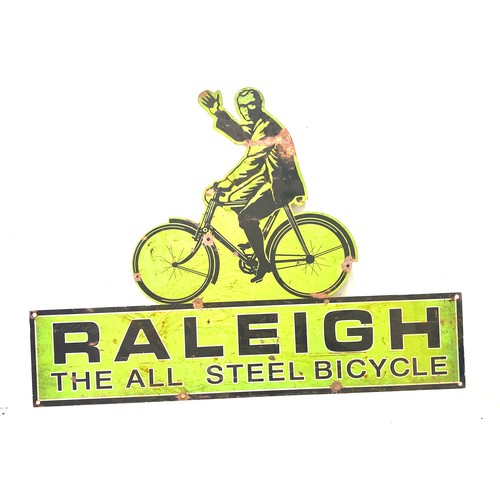 62 - Raleigh all steel bicycle metal enamel sign measures approx 20 inches tall 27.5inches wide