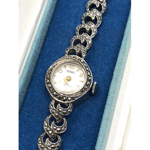 433 - 2 vintage  hallmarked silver & marcasite ladies vintage wristwatches in original boxes