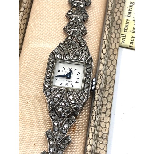 433 - 2 vintage  hallmarked silver & marcasite ladies vintage wristwatches in original boxes