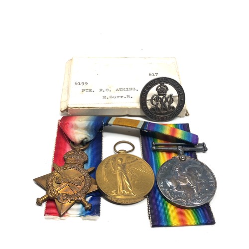 469 - bxed ww1 trio medals & war badge to6199 pte f.c atkins e.surry reg