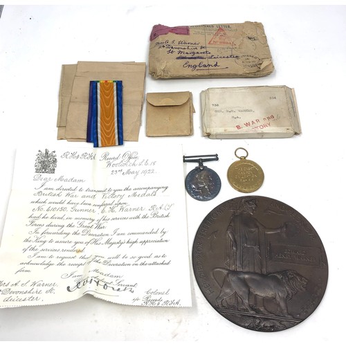 484 - ww1 medals & death plaque named edward henry warner medals named 738 g.h.warner r.a with original bo... 