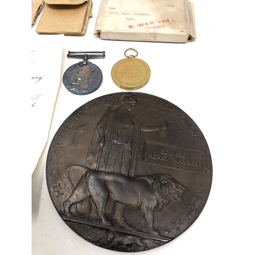 484 - ww1 medals & death plaque named edward henry warner medals named 738 g.h.warner r.a with original bo... 