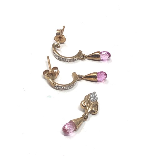 115 - 2 x 9ct gold vintage diamond & pink sapphire earrings & pendant (2.4g)