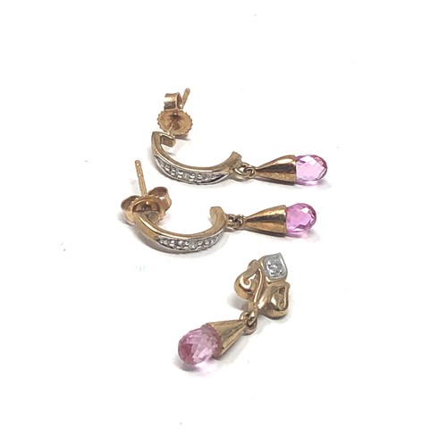 115 - 2 x 9ct gold vintage diamond & pink sapphire earrings & pendant (2.4g)