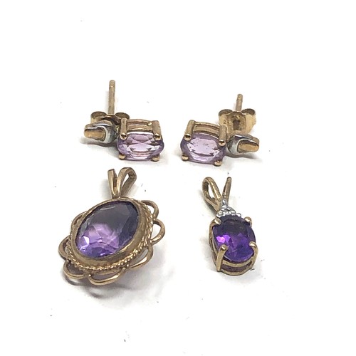 119 - 3 x 9ct gold  amethyst & diamond stud earrings & pendants (3g)