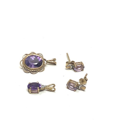 119 - 3 x 9ct gold  amethyst & diamond stud earrings & pendants (3g)