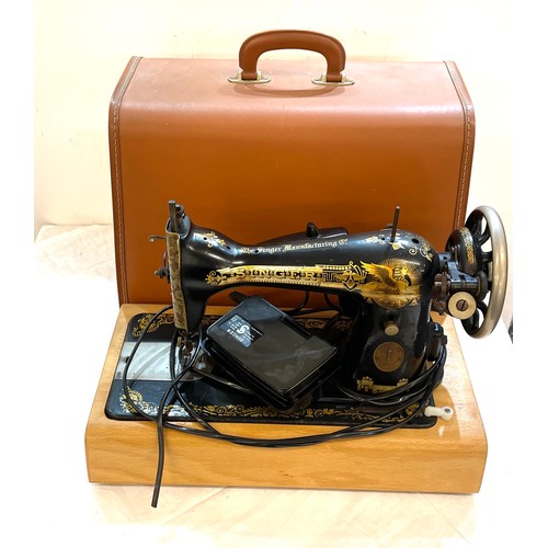 205 - Cased Singer sewing machine, converted to electric, untested