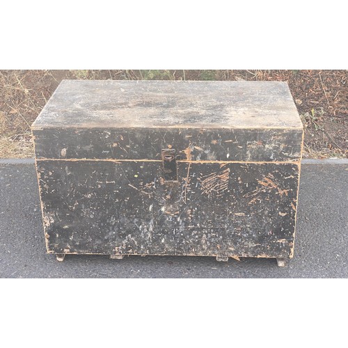 323 - Large wooden toolbox with contents includes hammers saws screw drivers etc tool box measures 19 inch... 