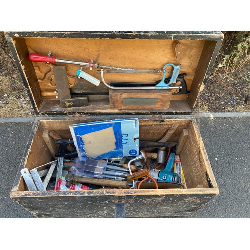 323 - Large wooden toolbox with contents includes hammers saws screw drivers etc tool box measures 19 inch... 