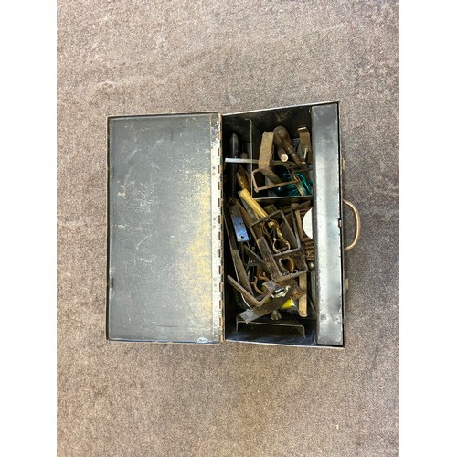 324 - Metal toolbox open lid and handle measures approx 10 inches high 20 inches wide and 12 inches depth ... 