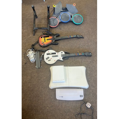 208 - Nintendo Wii console with guitar hero drums, guitar etc