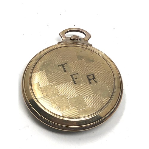 466 - Omega open face pocket watch gold plated case  the watch is ticking