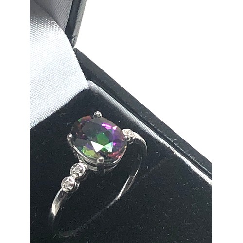 84 - 9ct white gold mystic topaz & diamond ring topaz measures approx 9mm by 7mm with 2 diamonds either s... 