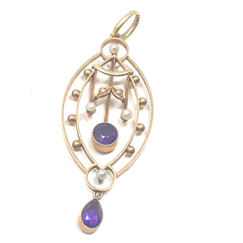 111 - Fine Antique 15ct gold amethyst & seed pearl pendant measures approx 5.3cm drop by 2cm wide weight 3... 