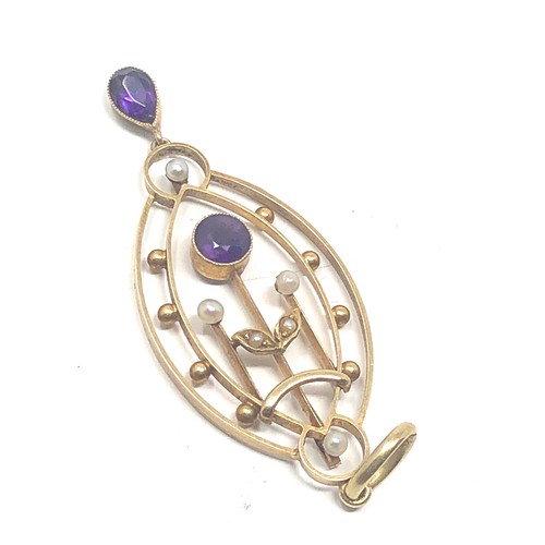 111 - Fine Antique 15ct gold amethyst & seed pearl pendant measures approx 5.3cm drop by 2cm wide weight 3... 