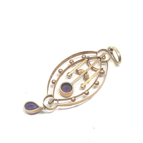 111 - Fine Antique 15ct gold amethyst & seed pearl pendant measures approx 5.3cm drop by 2cm wide weight 3... 