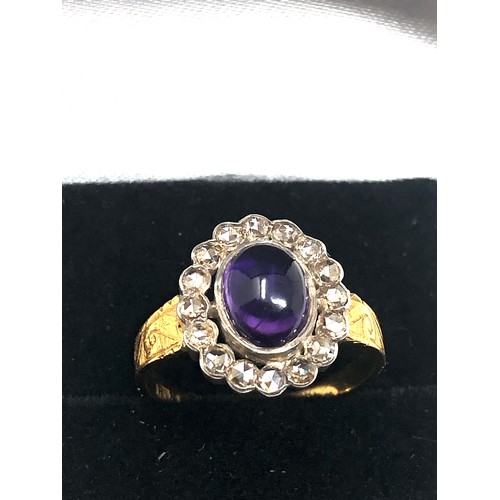 113 - Fine antique cabochon amethyst & rose diamond ring central amethyst measures approx 8mm by 6mm with ... 