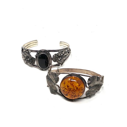 418 - 2 X Sterling Silver Ornate Framed Onyx & Amber Bangles (69g)