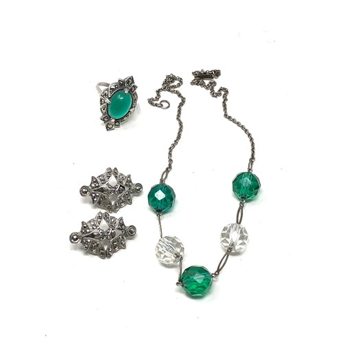 422 - 3 X Vintage Silver Marcasite & Green Glass Jewellery (24g)