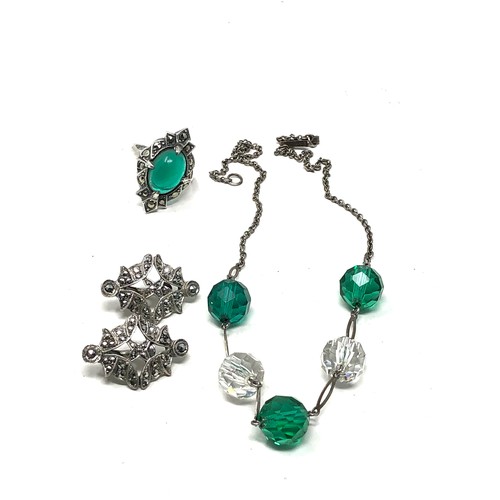 422 - 3 X Vintage Silver Marcasite & Green Glass Jewellery (24g)